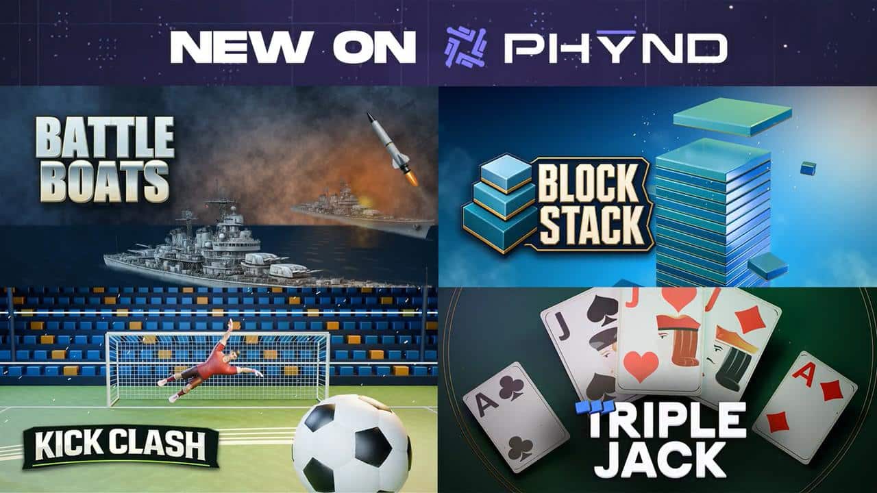 PHYND graphic showing Battle Boats, Block Stack, Kick Clash, and Triple Jack.