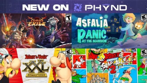 PHYND promotional image featuring Lords of Exile, Asfalia: Panic at the Mansion, Asterix & Obelix XXL: Romastered and Asterix & Obelix: Slap Them All! 2.