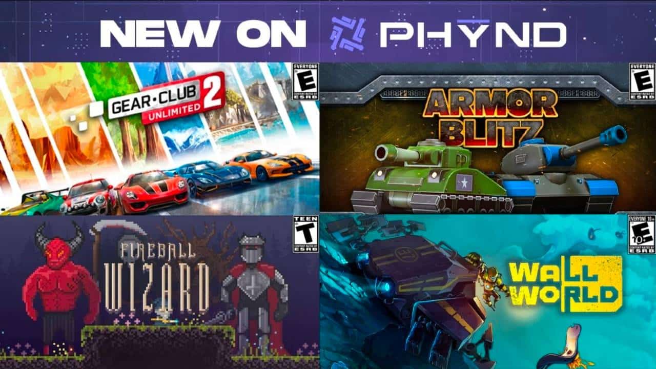 PHYND graphic showing Gear.Club Unlimited 2, Armor Blitz, Fireball Wizard, and Wall World.