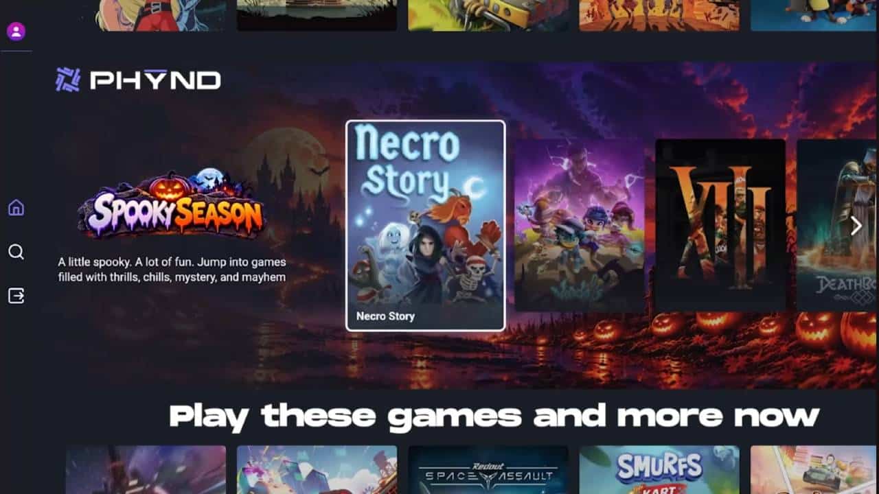 PHYND's Spooky Season Halloween collection featuring Necro Story and other spooky games on its cloud gaming service.