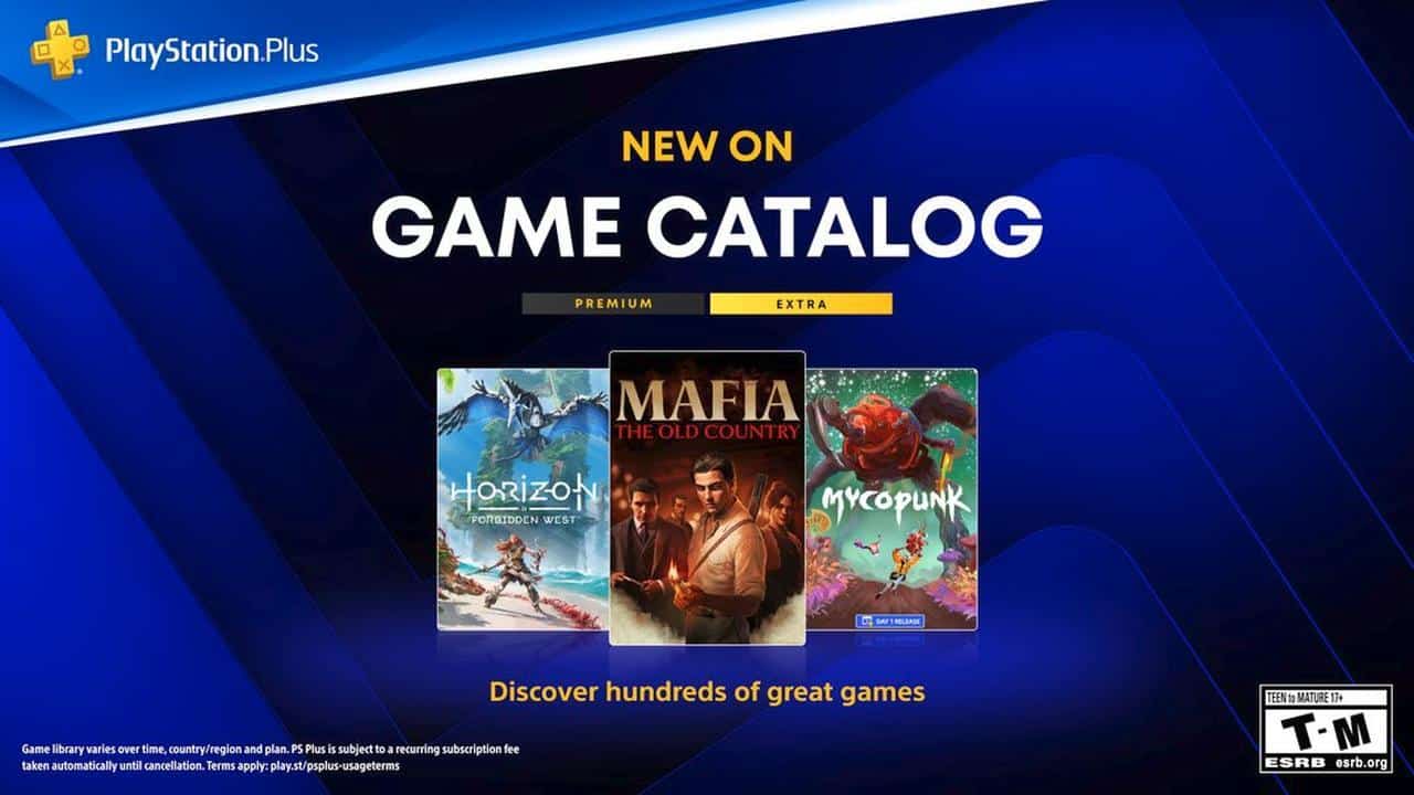 PlayStation Plus Game Catalog for October 2026 featuring Mafia: The Old Country, Horizon Forbidden West, and Mycopunk.
