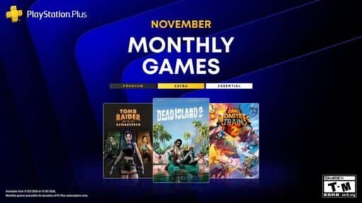 PlayStation Plus November 2026 Monthly Games featuring Dead Island 2, Tomb Raider IV-VI Remastered, and Monster Train 2.