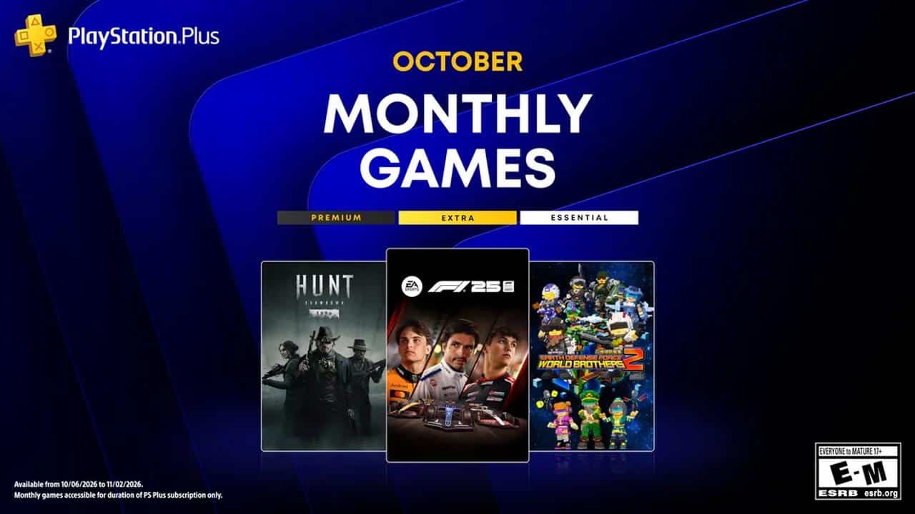 PlayStation Plus Monthly Games for October 2026 featuring Hunt: Showdown 1896, F1 25, and Earth Defense Force: World Brothers 2.