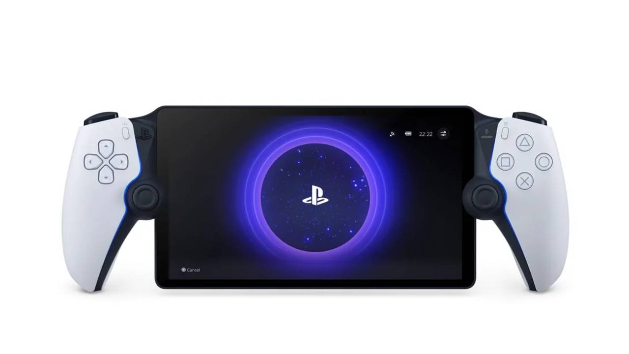 PlayStation Portal handheld showing the PlayStation logo on its display.