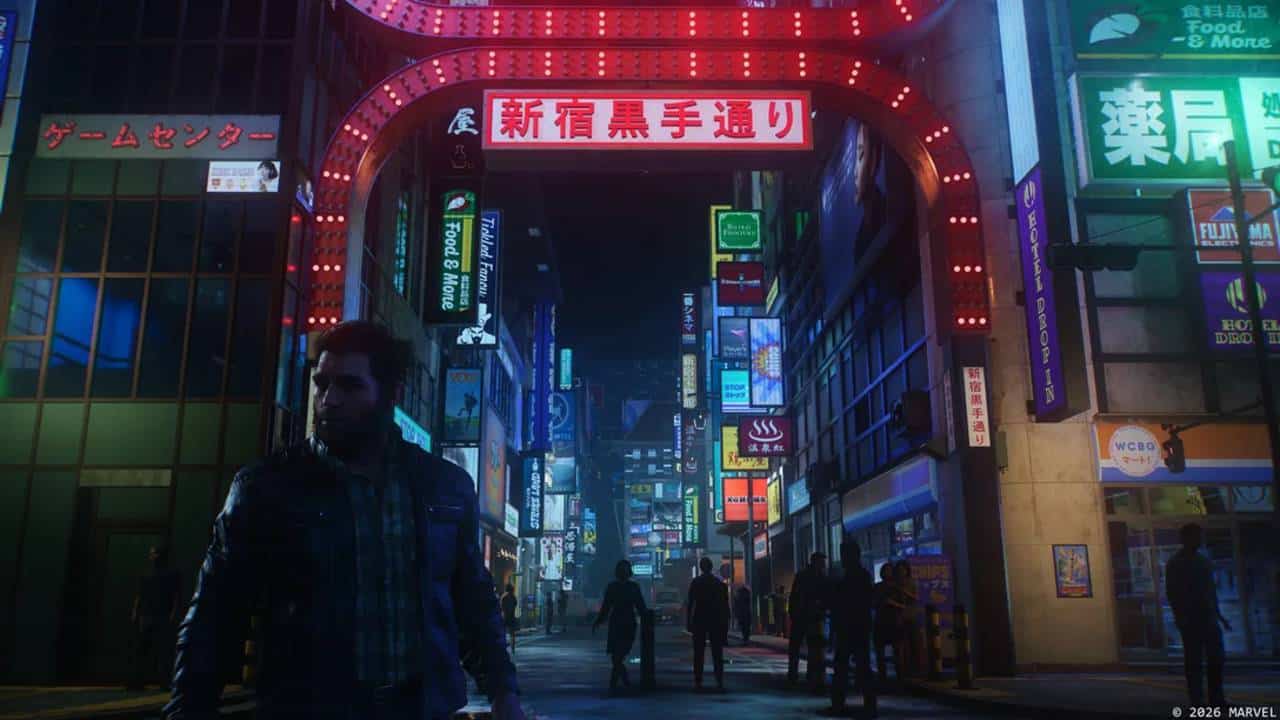 Wolverine standing on a neon-lit city street in Marvel’s Wolverine on PS5.