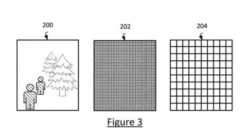 Sony patent Figure 3 showing a game image, anchor point grid, and importance map used for AI image compression.