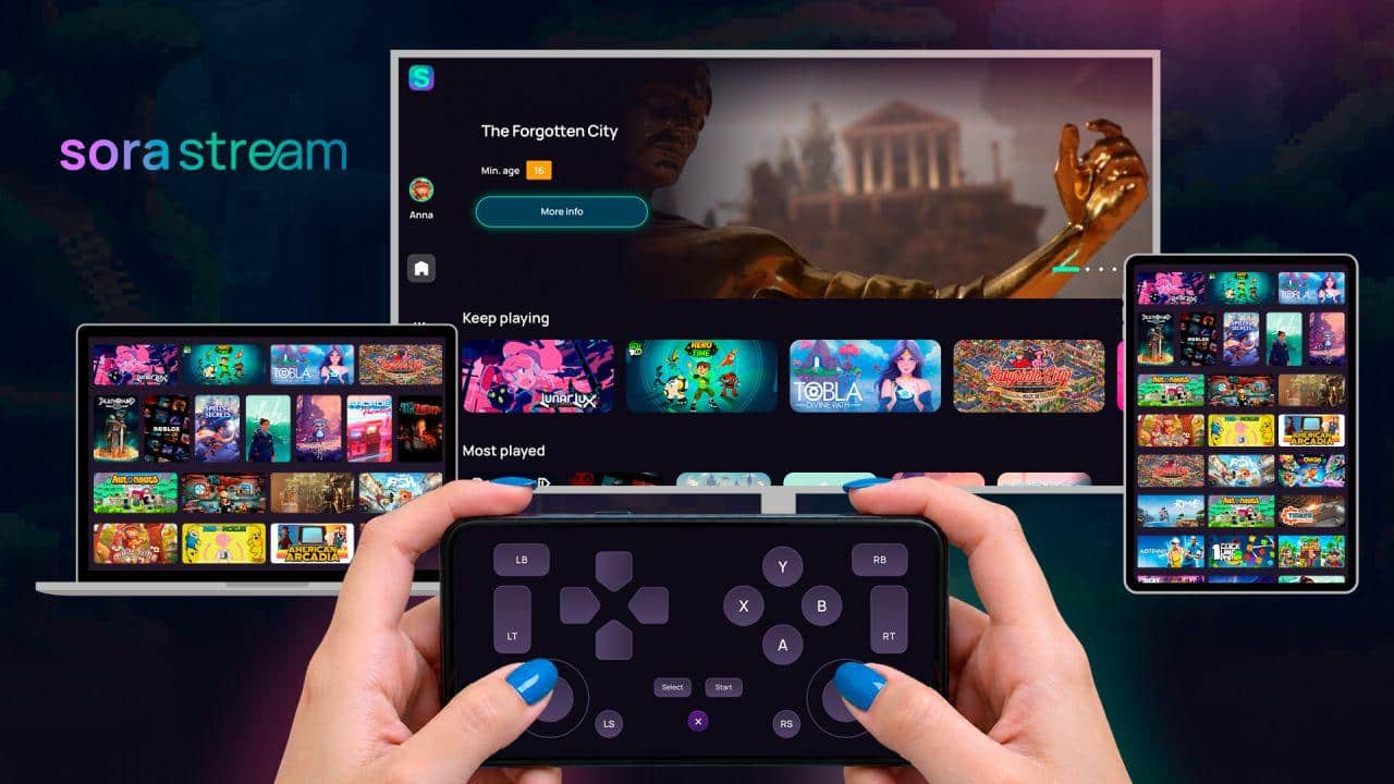 Hands holding a smartphone displaying Sora GamePad virtual controls, with Sora Stream games shown on multiple screens in the background.