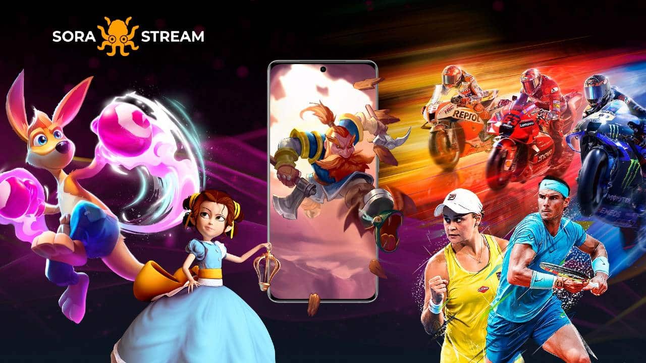Sora Stream cloud gaming artwork showing games on mobile with racing, tennis, and platforming imagery.