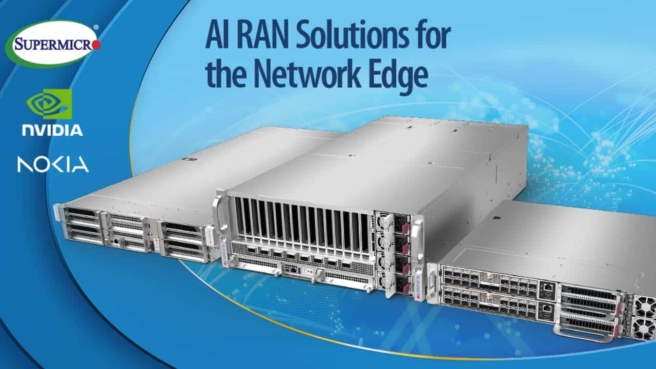 Supermicro AI-RAN servers alongside NVIDIA and Nokia logos in a network edge solutions graphic.
