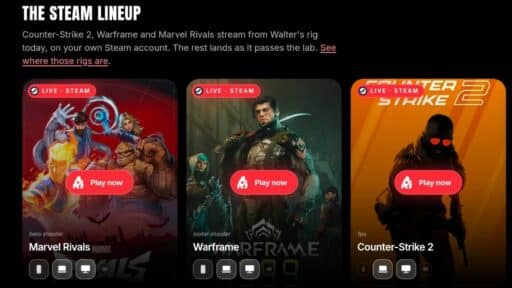 Walter.gg Steam game library featuring Marvel Rivals, Warframe and Counter-Strike 2, with Play now buttons for all three games.