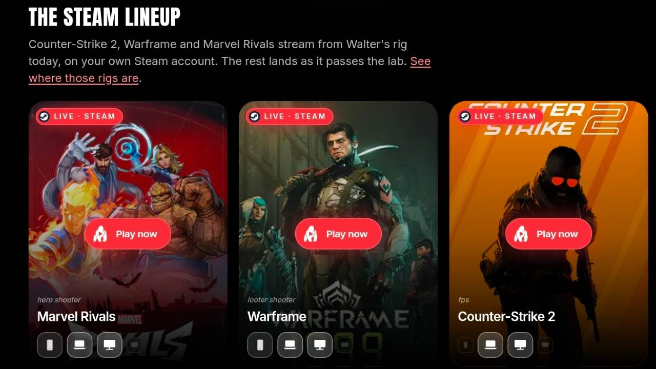 Walter.gg Steam game library featuring Marvel Rivals, Warframe and Counter-Strike 2, with Play now buttons for all three games.